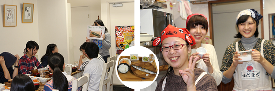 写真左）「きれいにカッコよく食べよう！」旬の食材で会話も弾みます。 写真右）写真左から藤女子大学「へるすたでぃ」渡邊さん、植村さん、中畑さん