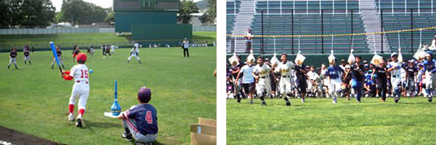 （写真左）ベースボールフェスティバルのティーボール教室。小学校入学前のお子様も安全に楽しめます。（写真右）同イベントでのパン食い競争では身体を思い切り動かす楽しさを体感。