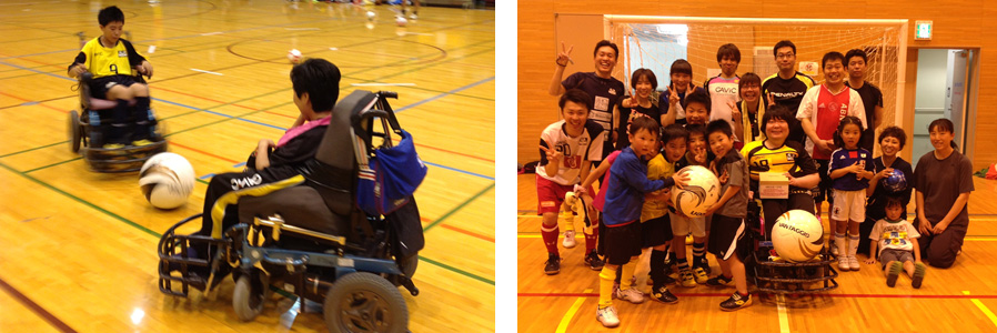 （写真左）フットボール部門の小学生が電動車椅子サッカーの選手と一緒に交流するイベント。（写真右）電動車椅子サッカーを通じて障がい者と触れ合うことで、子どもたちの考え方や感じ方が変化。