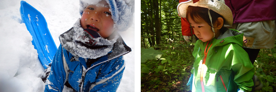 （写真左）雪まみれになってソリ滑りを楽しむ。夢中になって遊ぶ姿は爽快。（写真右）森の中には発見がいっぱい。親子で散歩を楽しみながら、本物の自然に触れる。