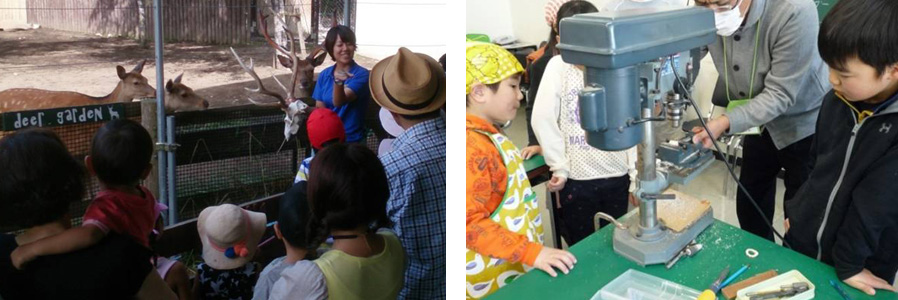 （写真左）円山動物園の飼育員からエゾシカの生態について説明を受ける参加者。（写真右）工作教室では、子どもたちもエゾシカの角の切断や艶出し作業を体験できる。