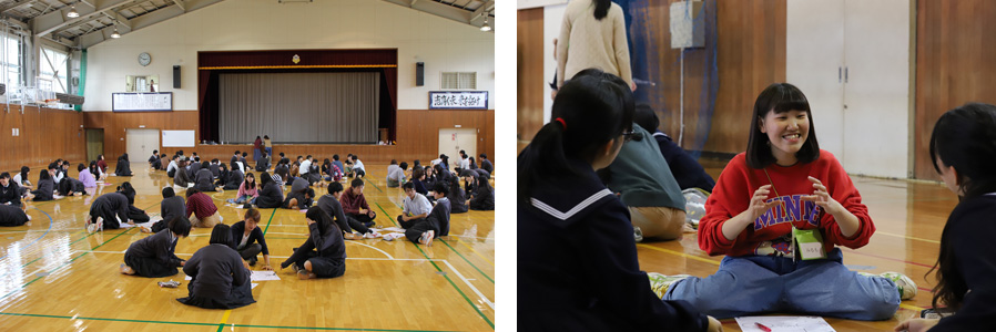 （写真左）カタリ場の様子。少人数のグループで集まって対話を始めます。（写真右）ファシリテーターの学生が高校生との距離を縮めていきます。