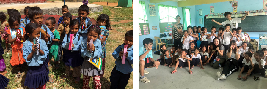 （写真左）集めた文房具を受け取った子どもたちが喜ぶ様子に「小さな幸せ」を届けられたことを実感。（写真右）次なる支援先を探し、フィリピンでもいろいろな学校を視察。